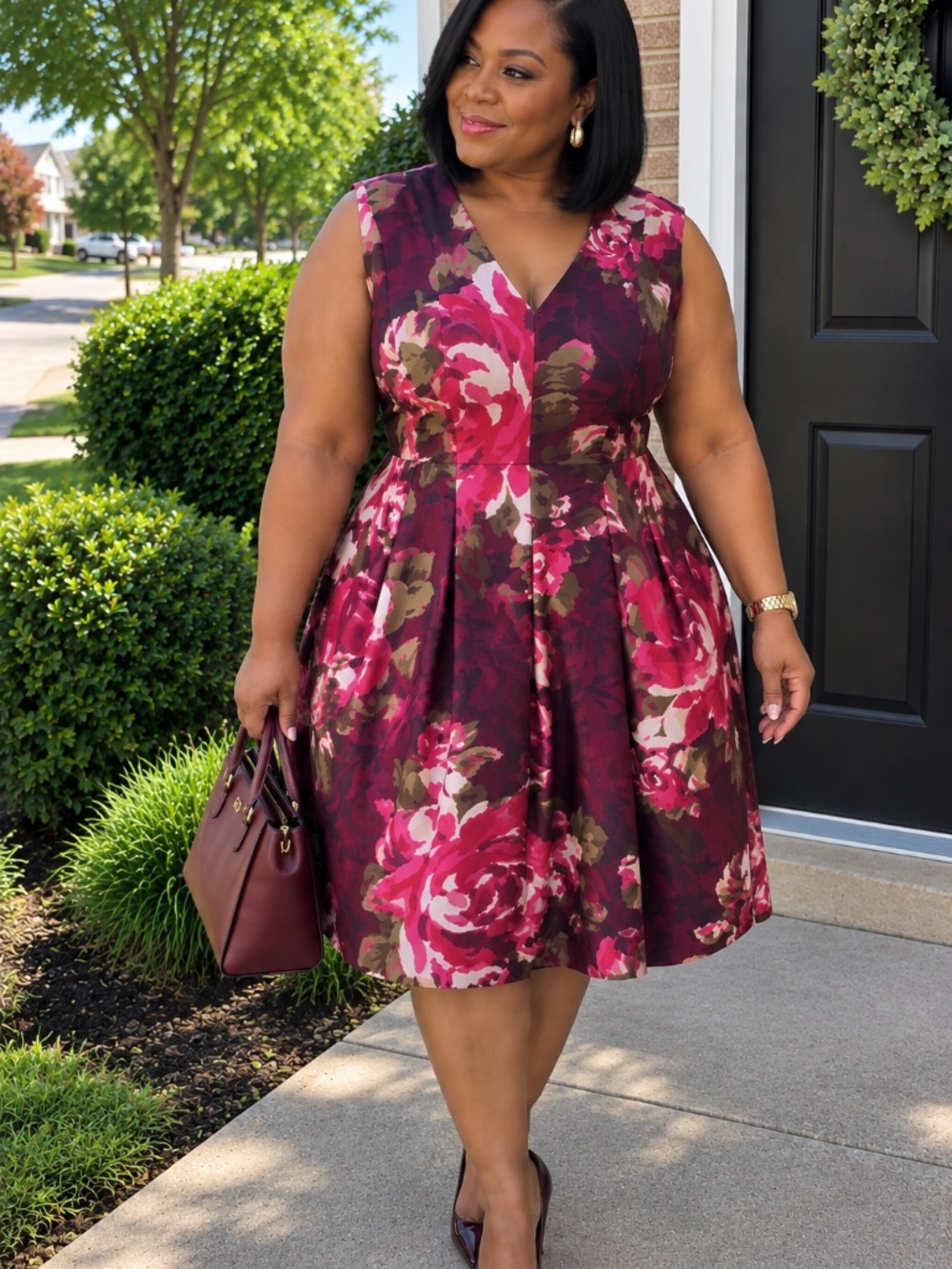Burgundy Floral Knee-Length Dress